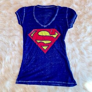 Superman Women's Burn Out Distressed Scoop Neck T-Shirt
